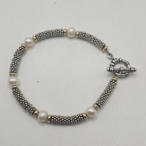 Silver Tone Faux Pearl Beaded Bracelet Toggle Clasp Costume Boho Style 7"